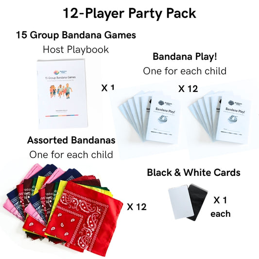 12-player Bandana Party Games Pack with host playbook, 12 Bandana Fun Books, 12 assorted bandanas, and signal cards.