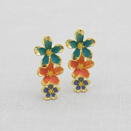 Colorful Enamel Flower Long Earrings Front View
