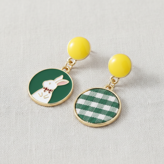 Colorful Rabbit Asymmetric Earrings Front Side View