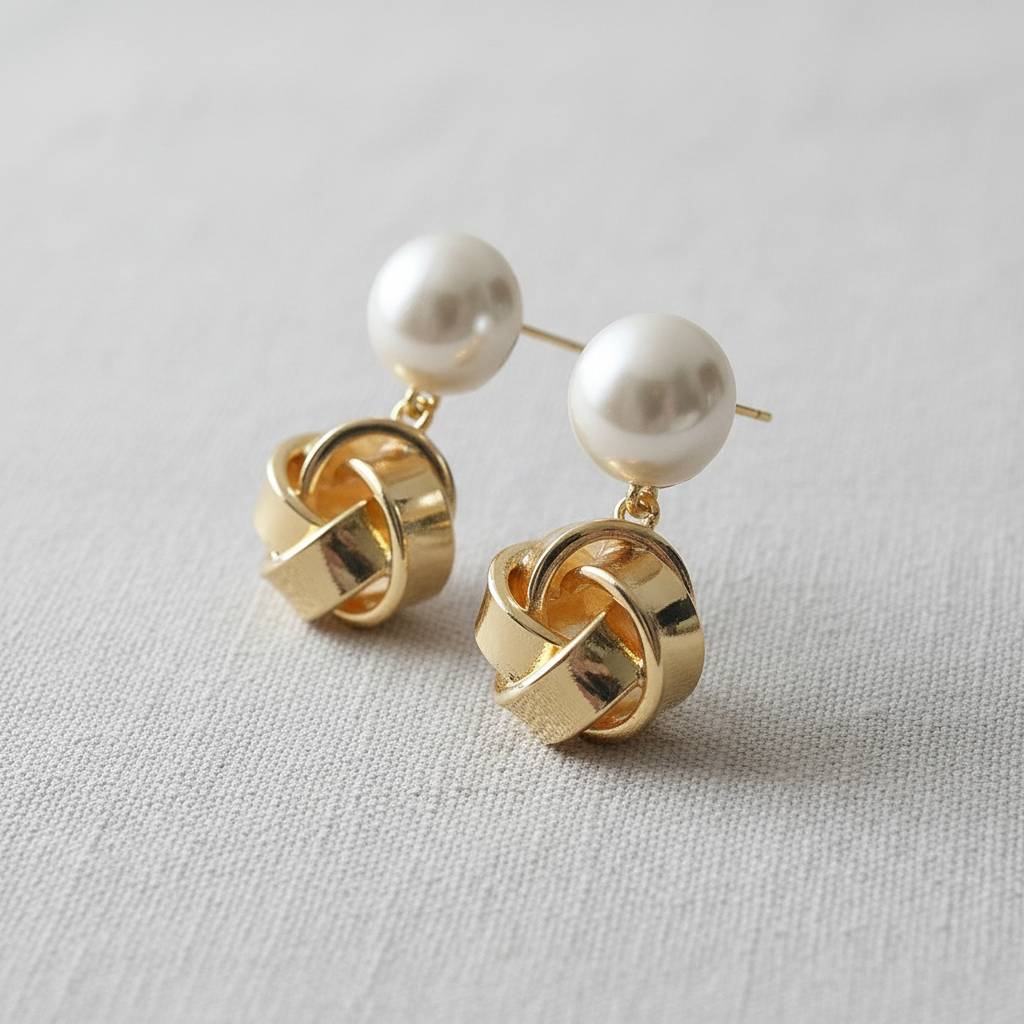 Front View of Geometric Freshwater Pearl Earrings Slightly Rotated