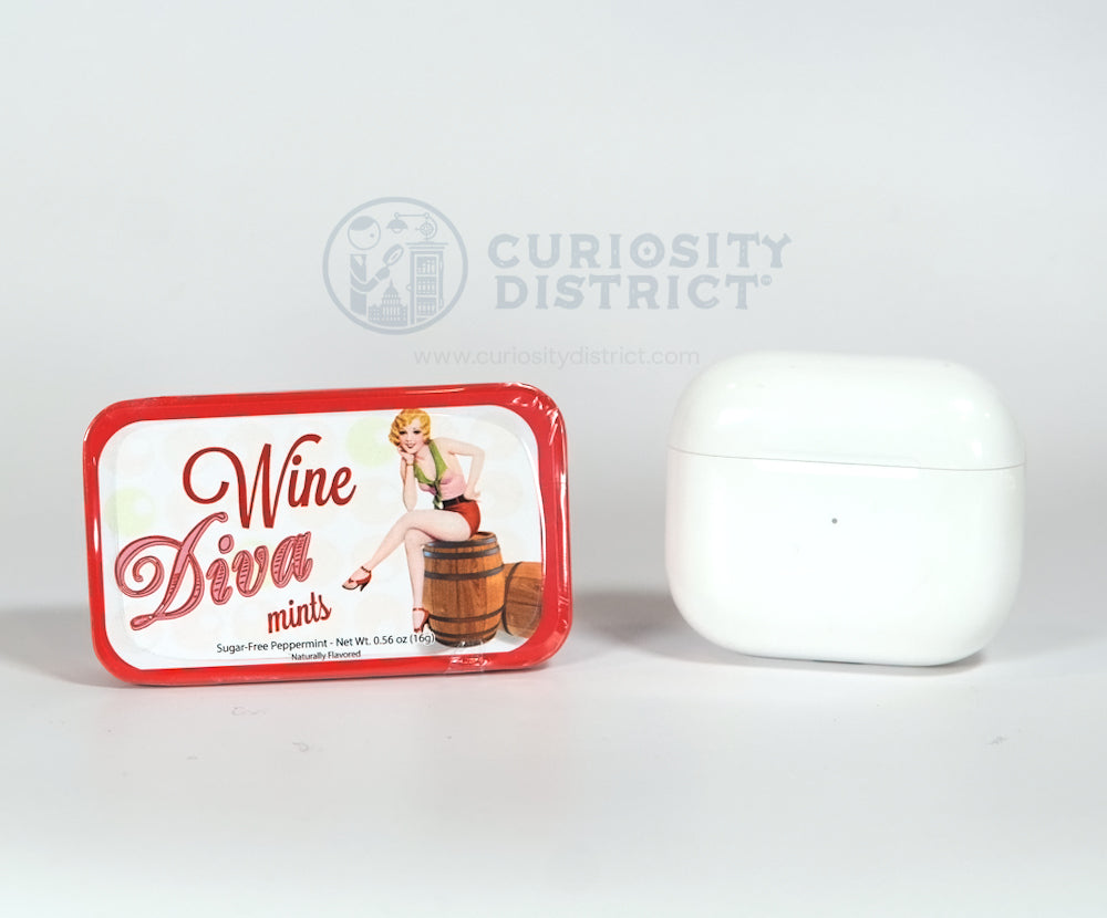 Wine Diva Mints Tin size comparison with EarPods Case