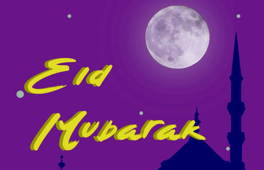 Eid Mubarak sign on a purple background with a full moon and a mosque