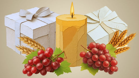 First Communion themed composition featuring wrapped gifts, candle, grapes, and wheat—symbolizing celebration, tradition, and meaningful gifting. 