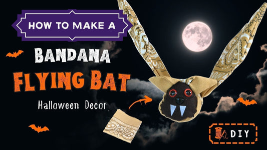 Bandana Flying Bat Halloween DIY tutorial graphic with a tan paisley bat flying under a full moon, bandana fabric, and DIY text.