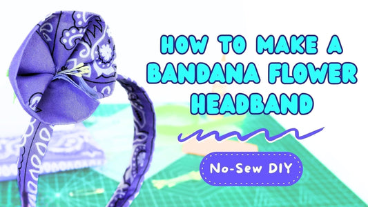 A purple bandana flower headband is shown on the left against a bright white background with large text reading 'HOW TO MAKE A BANDANA FLOWER HEADBAND' and a purple 'No-Sew DIY' badge.