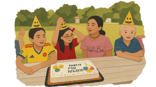 Kids cutting a birthday cake outdoors