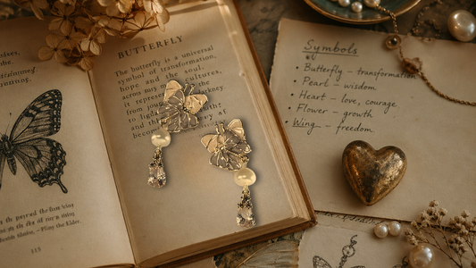 Butterfly tassel earrings with pearls and crystals displayed on vintage books about earring symbolism and meanings for gifts