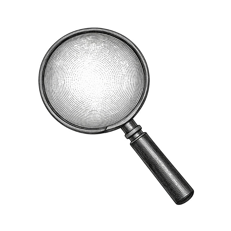 A vintage-style black and white print illustration of a magnifying glass with a ribbed handle, shown on a plain white background.