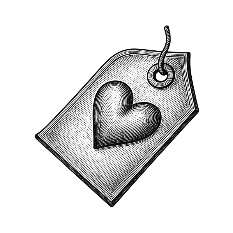 A black and white print graphic of a price tag with a heart shape in the center, featuring a hanging loop at the top.