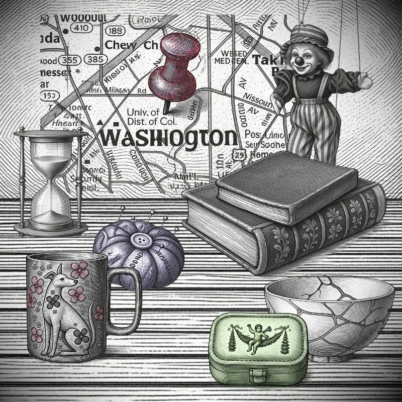 A vintage-style illustrated collage on a wood-textured background featuring a map labeled Washington, DC, a red pushpin, a small clown puppet, an hourglass, stacked books, a patterned mug, a pin cushion, a bowl, and a green keepsake jewelry box.