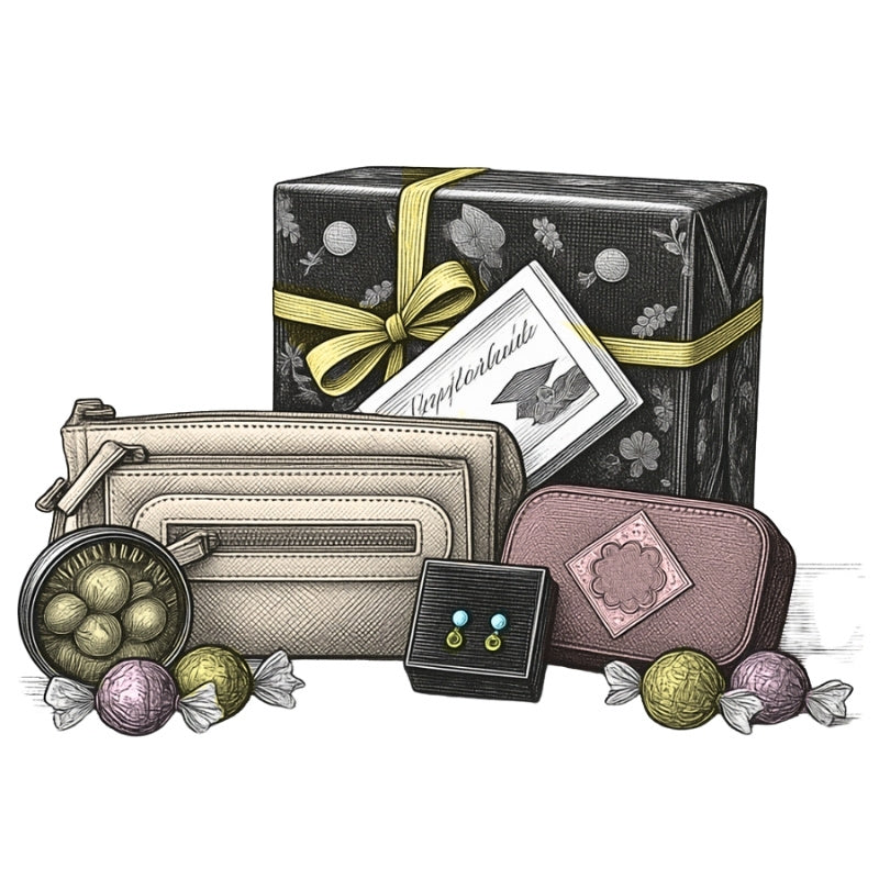 A print style illustration of a gift set featuring a black patterned gift box with a gold ribbon, a beige zippered purse, a pink jewelry keepsake box, a small black jewelry box with earrings, and wrapped chocolates, all arranged on a white background.
