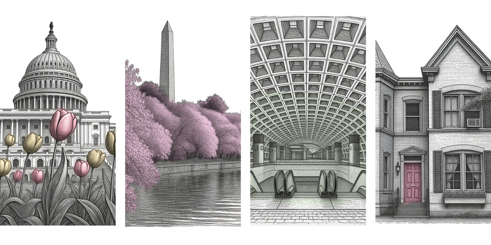 A four-panel art print set featuring black and white architectural scenes around Washington DC.