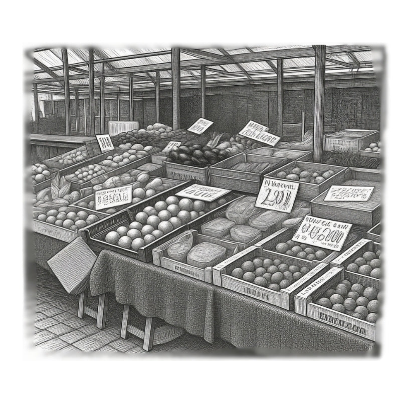 A black and white print illustration of an outdoor farmers market, showing various produce stalls with crates of apples, oranges, and other fruits, along with handwritten price tags.