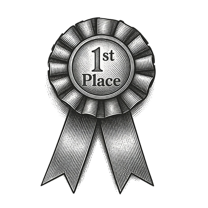 A black and white hand-drawn print illustration of a 1st Place ribbon award badge with two hanging ribbons on a plain white background.