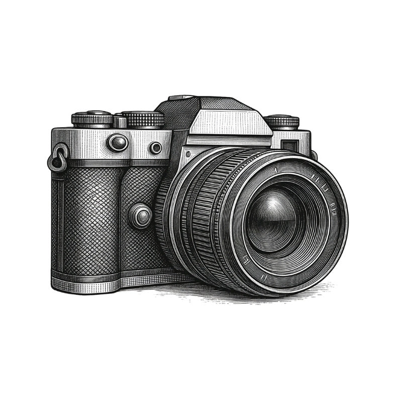 A black and white print illustration of a vintage film camera with an attached lens, shown on a plain white background.