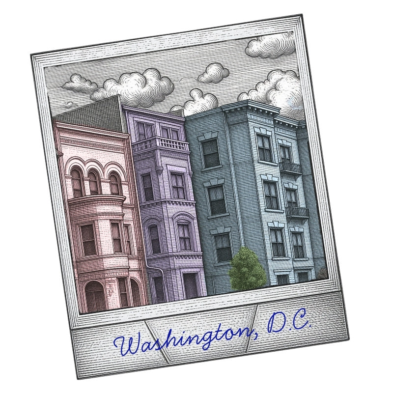 An art print graphic showing a polaroid film with three vintage apartment buildings in soft pink, lavender, and blue-gray tones under a cloudy sky, with the text 'Washington, D.C.