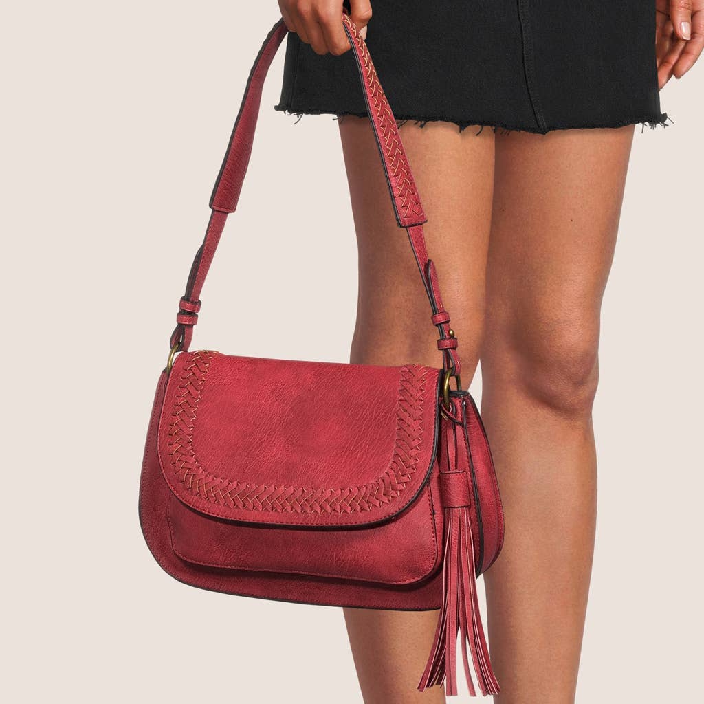 Alice Classic Vegan Leather Bag Burgundy hand held by woman zoomed in