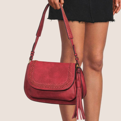 Alice Classic Vegan Leather Bag Burgundy hand held by woman zoomed in