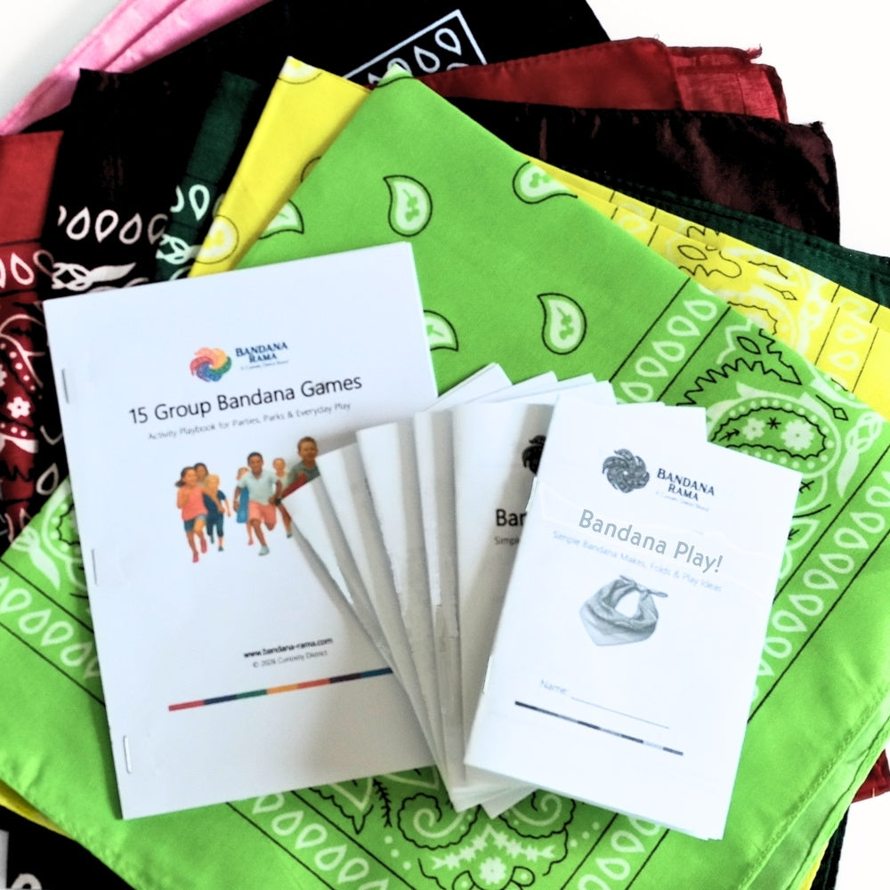 Bandana Party Games Kit with colorful assorted bandanas, 15 Group Bandana Games host playbook, and multiple Bandana Fun Books.