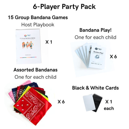 6-player Bandana Party Games Pack with host playbook, six Bandana Fun Books, six assorted bandanas, and black and white signal cards.