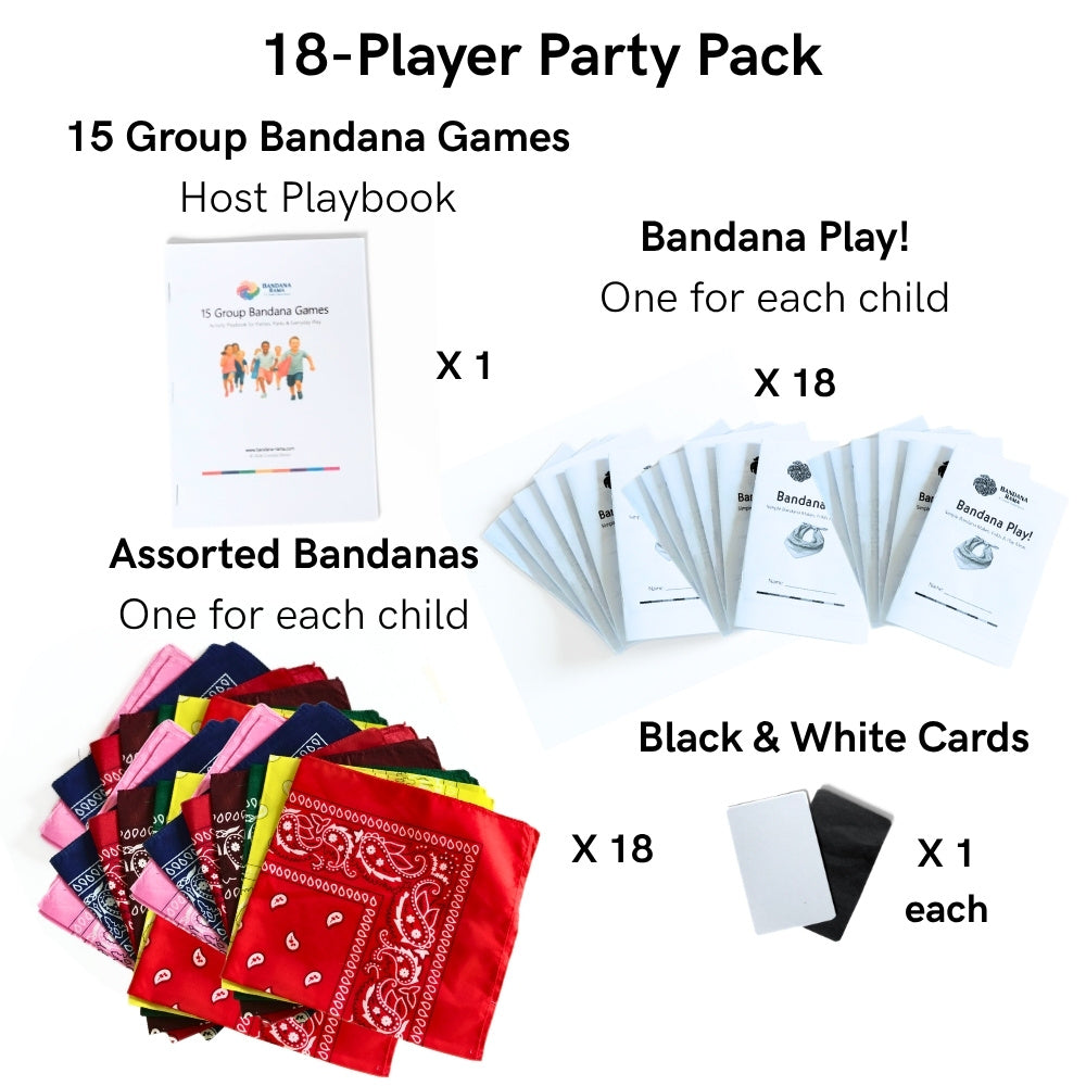 18-player Bandana Party Games Pack with host playbook, 18 Bandana Fun Books, 18 assorted bandanas, and black and white signal cards.