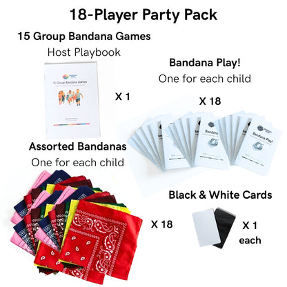 18-player Bandana Party Games Pack with host playbook, 18 Bandana Fun Books, 18 assorted bandanas, and black and white signal cards.