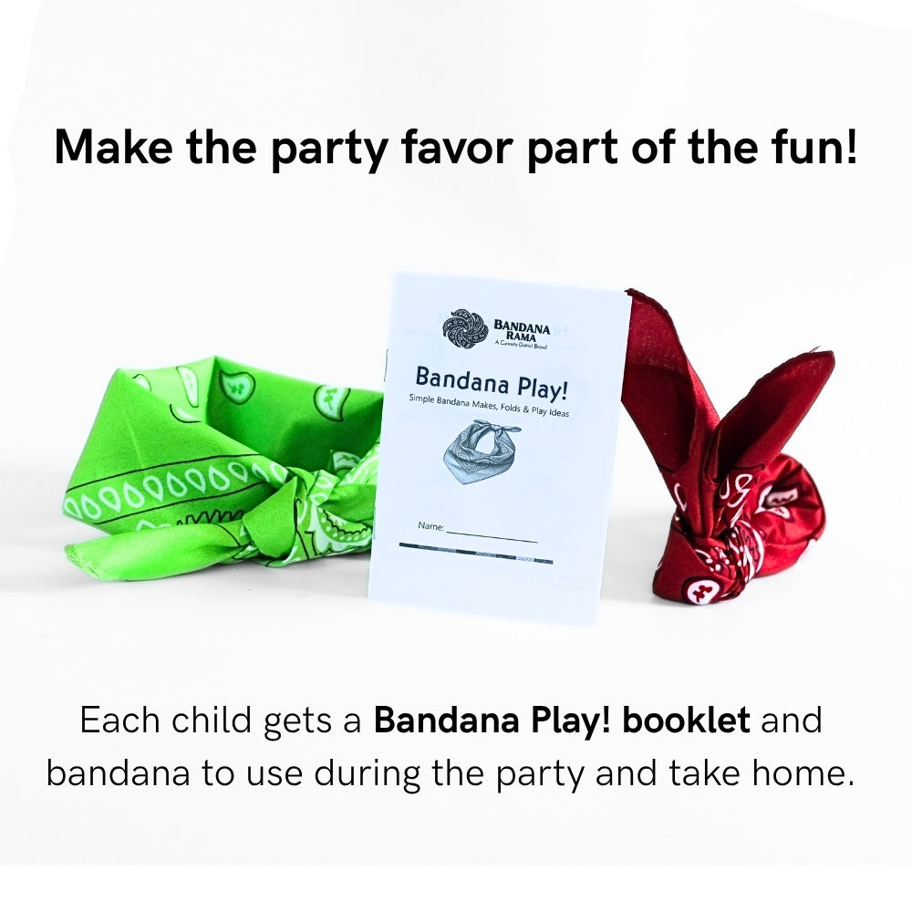 Bandana Fun Book displayed with green and red bandanas as a kids party activity and take-home party favor.