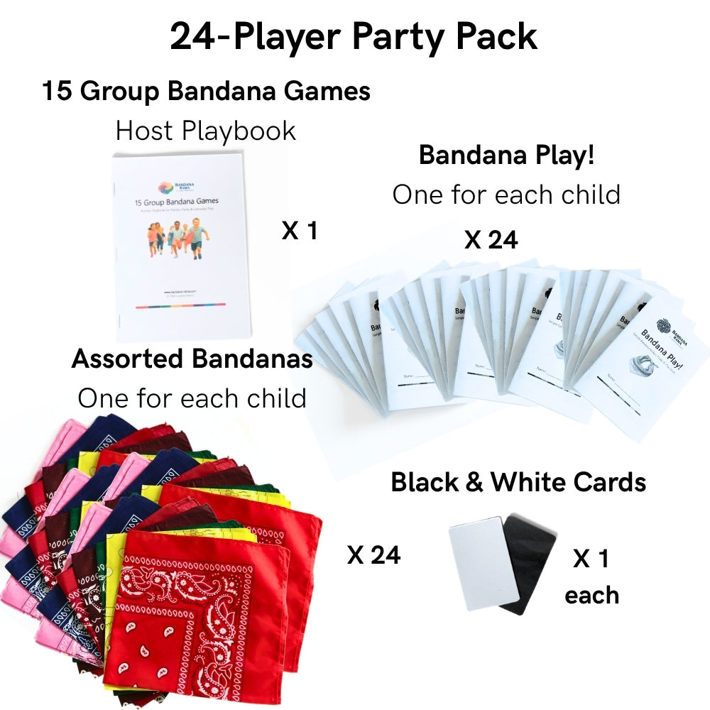 24-player Bandana Party Games Pack with host playbook, 24 Bandana Fun Books, 24 assorted bandanas, and signal cards.