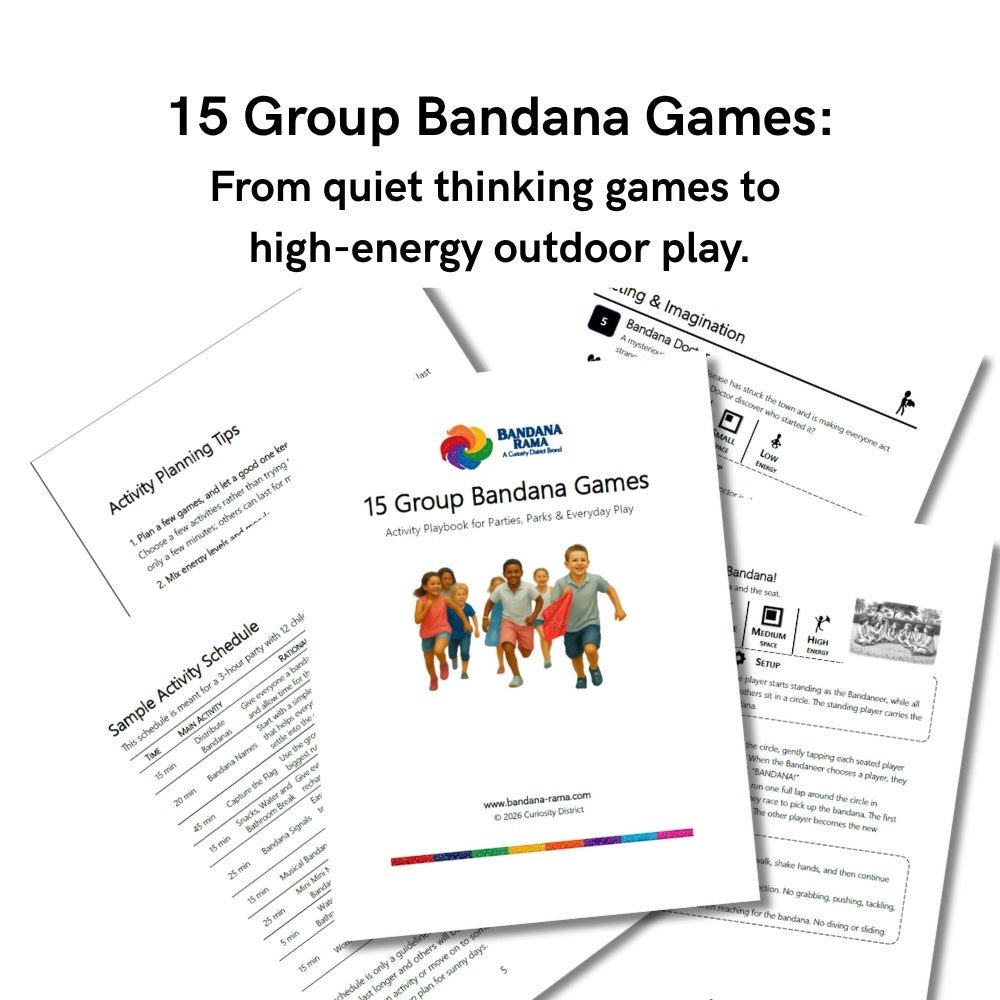 15 Group Bandana Games host playbook shown with activity-planning pages, sample schedule, and game instruction pages.