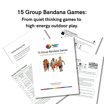 15 Group Bandana Games host playbook shown with activity-planning pages, sample schedule, and game instruction pages.