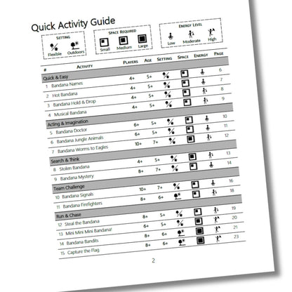Quick Activity Guide comparing 15 bandana games by players, age, setting, space required, energy level, and page number.