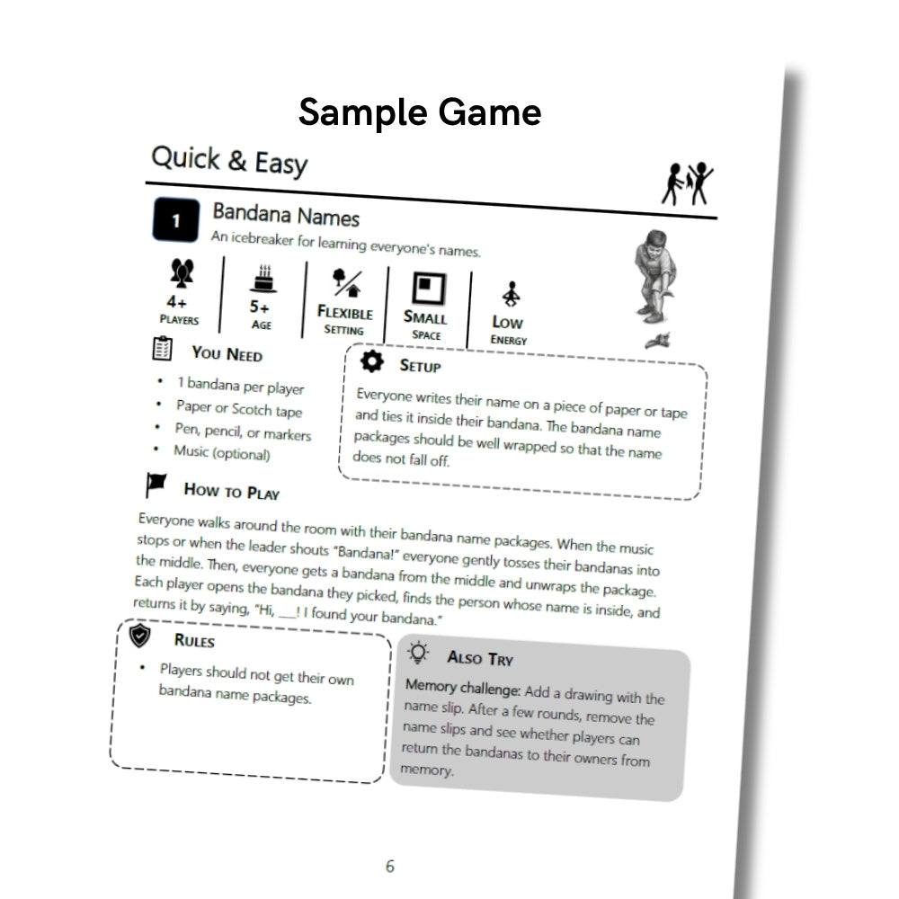 Sample Bandana Names game page with player count, age, setup, instructions, rules, and memory challenge variation.