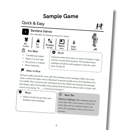 Sample Bandana Names game page with player count, age, setup, instructions, rules, and memory challenge variation.