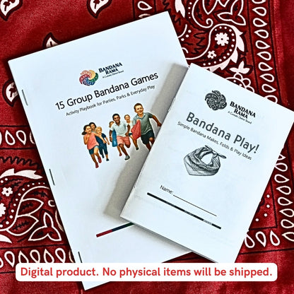 Printed 15 Group Bandana Games host playbook and Bandana Fun Book displayed on a red bandana for the digital printable party games pack.