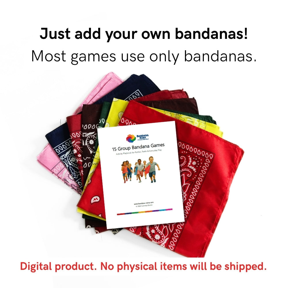 Colorful bandanas with the 15 Group Bandana Games playbook illustrating that most of the printable party games use only bandanas.