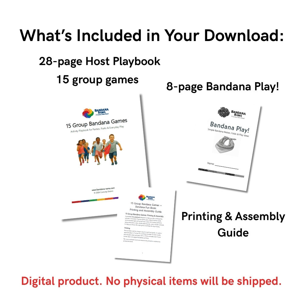 Contents of the Bandana Party Games digital download showing the 28-page host playbook, Bandana Fun Book, and printing and assembly guide.