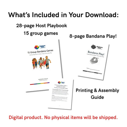 Contents of the Bandana Party Games digital download showing the 28-page host playbook, Bandana Fun Book, and printing and assembly guide.