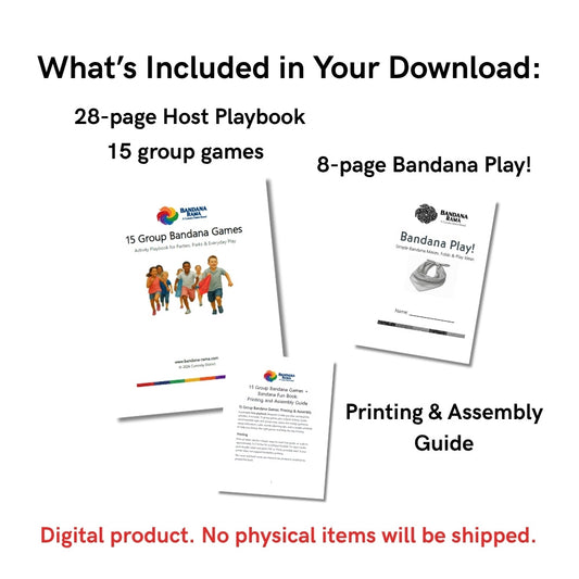 Contents of the Bandana Party Games digital download showing the 28-page host playbook, Bandana Fun Book, and printing and assembly guide.