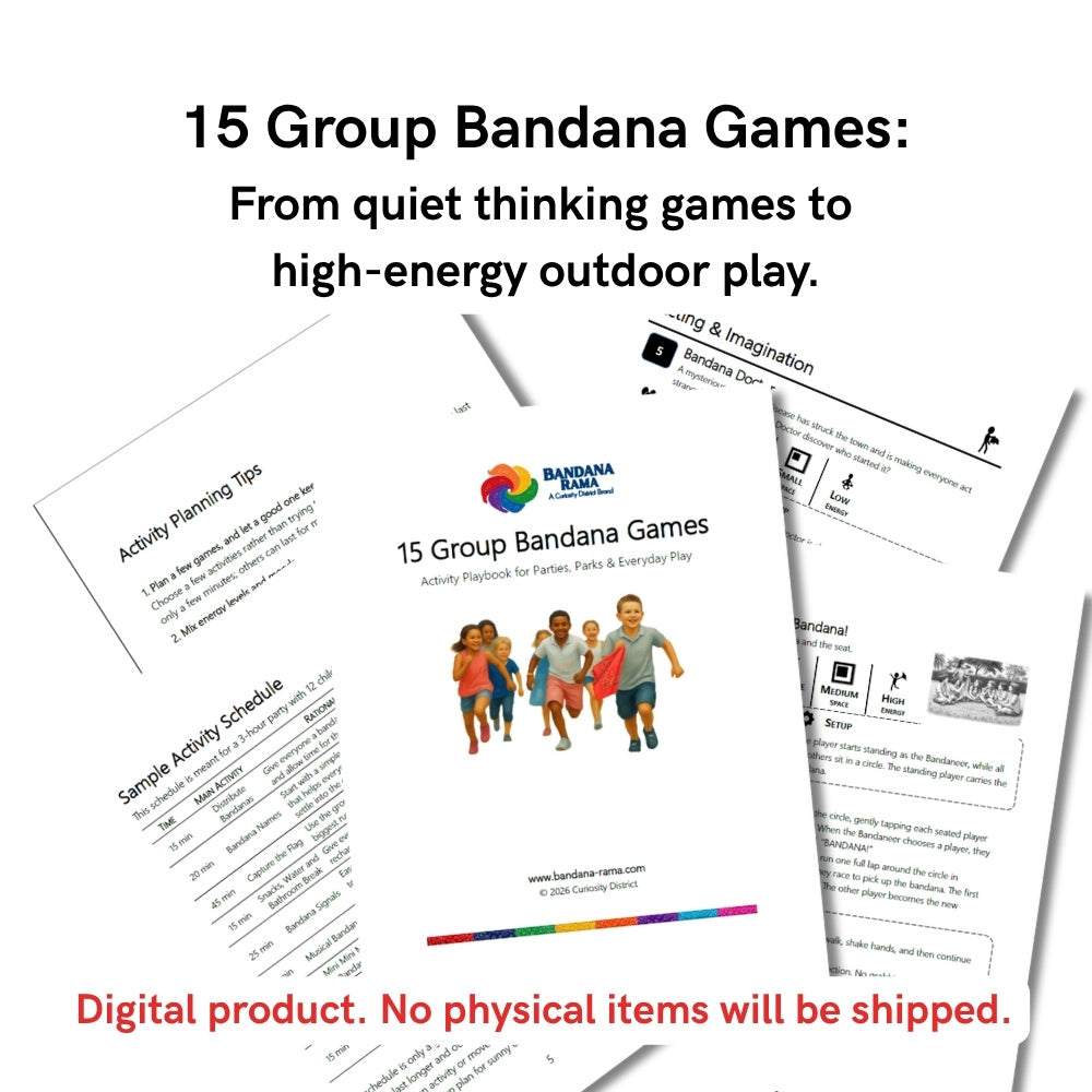 Preview of the 15 Group Bandana Games printable playbook with planning tips, sample schedule, and illustrated group game pages.