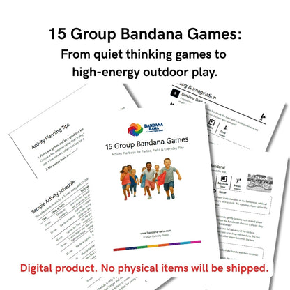 Preview of the 15 Group Bandana Games printable playbook with planning tips, sample schedule, and illustrated group game pages.