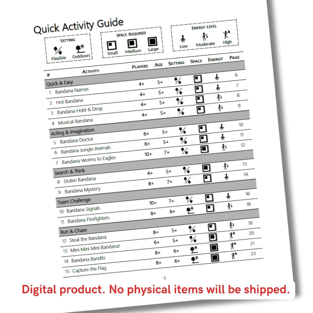 Quick Activity Guide comparing 15 bandana games by players, age, setting, space required, energy level, and page number.