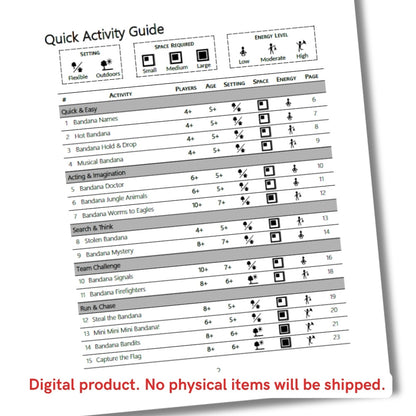 Quick Activity Guide comparing 15 bandana games by players, age, setting, space required, energy level, and page number.
