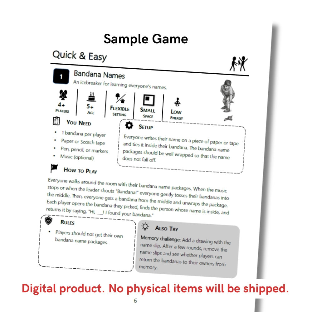 Sample Bandana Names game page showing players, age, setting, setup, instructions, rules, and a memory challenge variation.