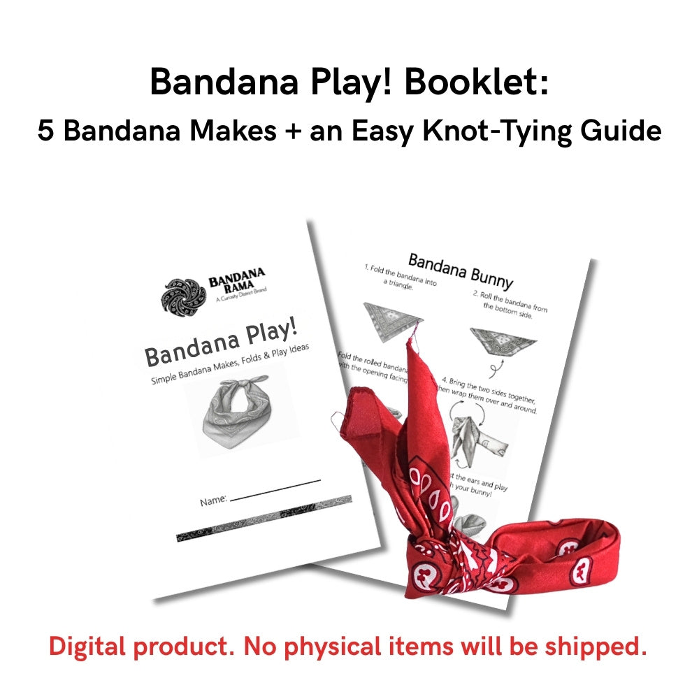 Bandana Fun Book printable with five bandana makes, an easy knot-tying guide, and illustrated Bandana Bunny instructions.