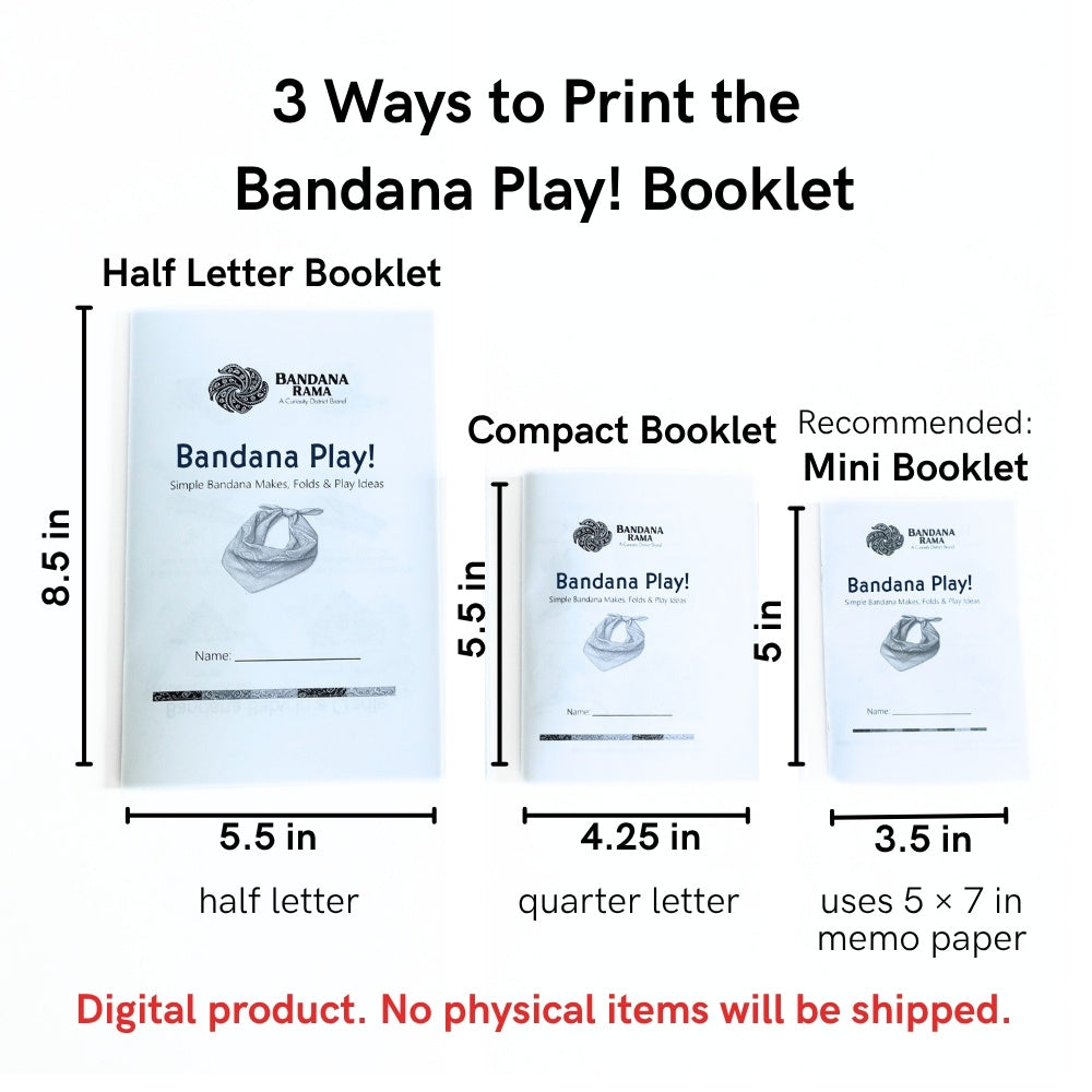 Three Bandana Fun Book printing sizes shown side by side: Half Letter, Compact Quarter Letter, and recommended Mini Booklet.