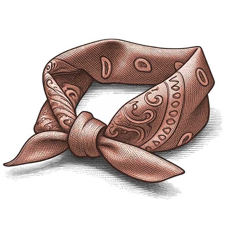 A print illustration of a red paisley bandana scarf tied in a knot, shown on a plain white background with a drop shadow.