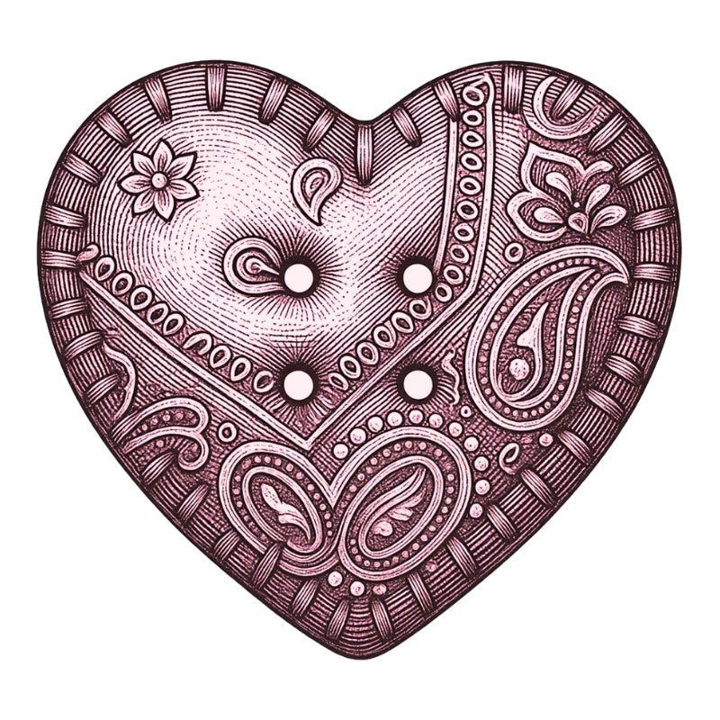 A print illustration with a heart-shaped decorative cushion featuring intricate paisley and floral patterns in a dusty rose and dark brown color scheme, isolated on a white background.
