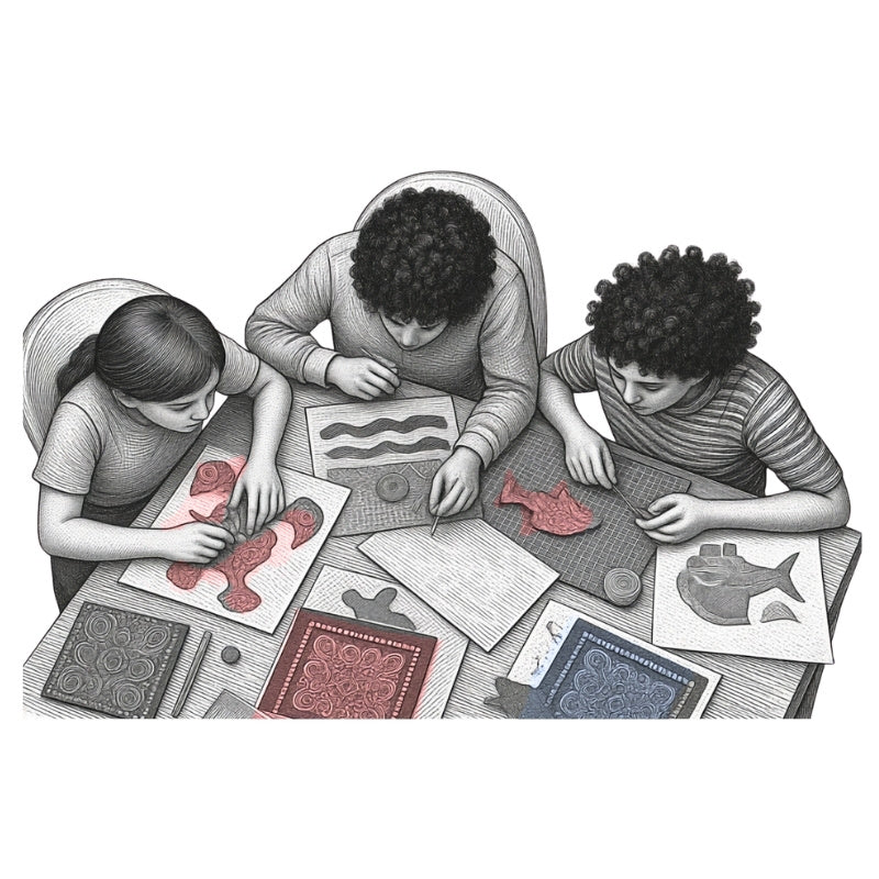 A black and white illustration of three children gathered around a table, working on craft or art projects with papers, stamps, and red fish-shaped pieces.