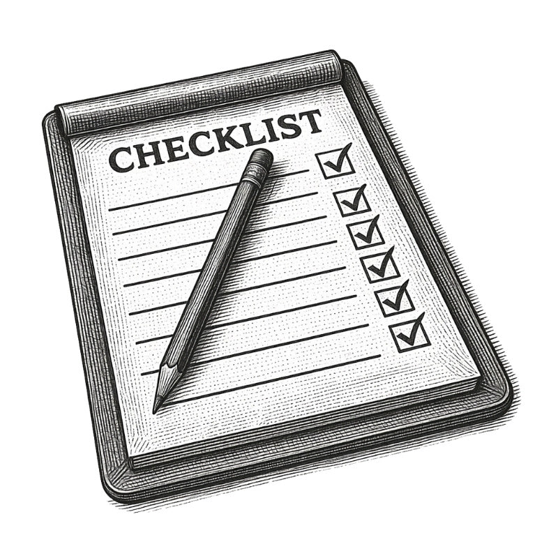 A black and white print style illustration of a checklist notepad with a pencil resting on it, set against a plain white background.
