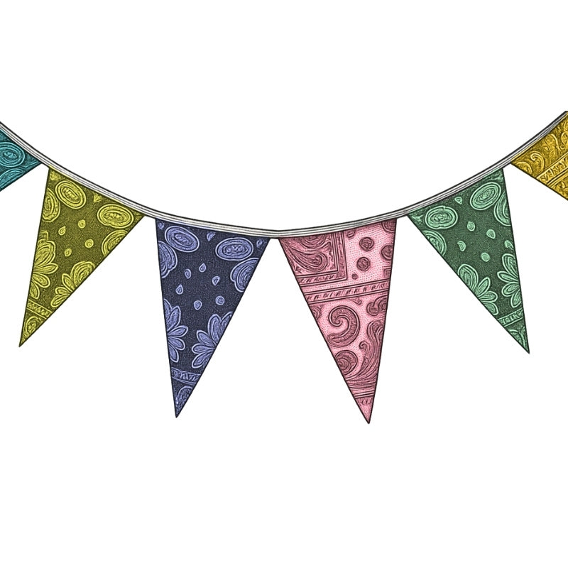 A print illustration of triangular hanging flags with paisley bandana pattens in multiple colors: green, yellow, blue, pink. 